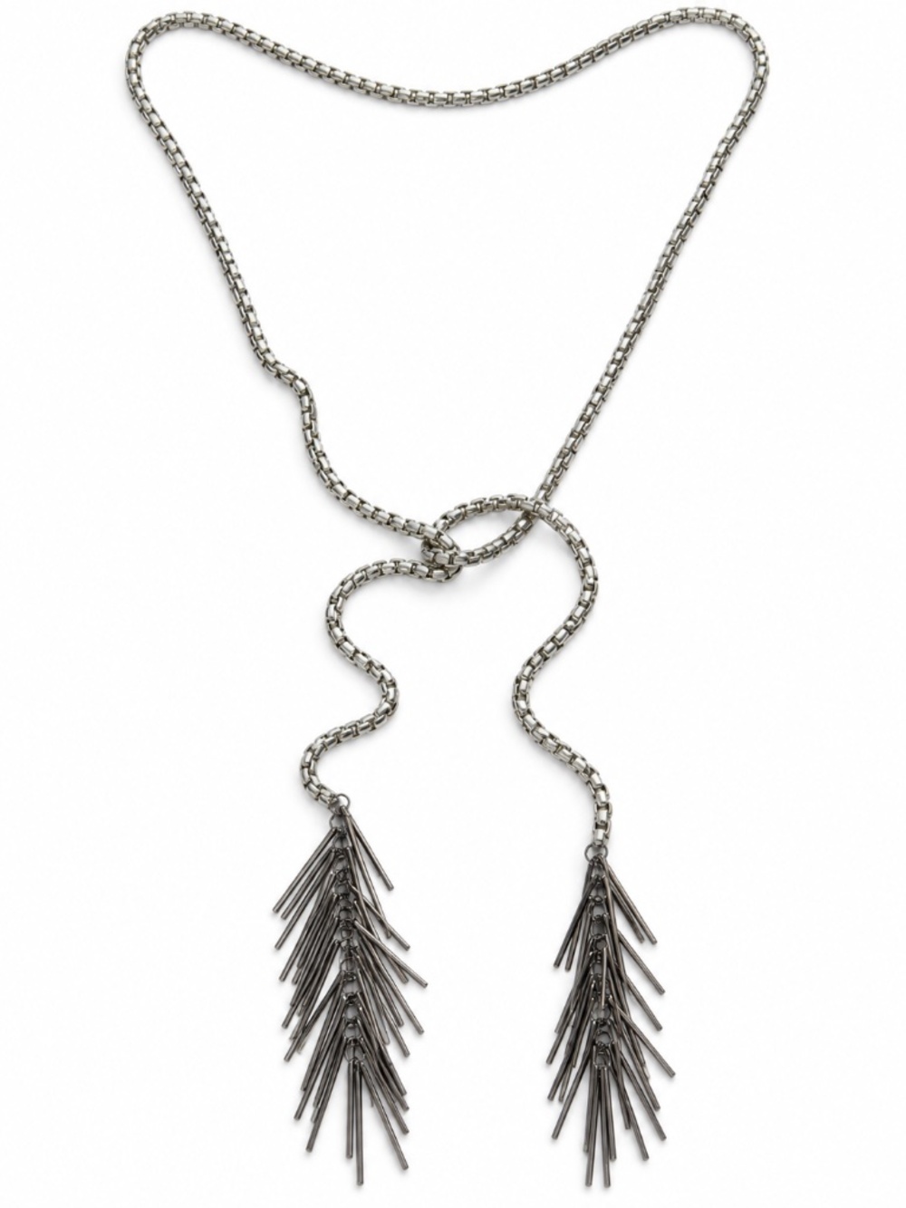 White & Gunmetal Lariat Tie Necklace with Fringe Tassel Drops